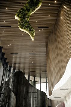 the interior of a large building with wooden walls and ceiling lights that are shaped like an arrow