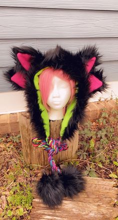 Fur hood with fleece lining and puffy ties. One puff has a squeaker! Choose your lining (primary color) and ear color! Hat color black, if you wish a different color please DM me for a custom listing. Scene Hats, Scenecore Clothes, Rave Hood, Scene Clothes, Rave Hats, Rave Fits, Funky Hats, Scene Core, Scene Outfits