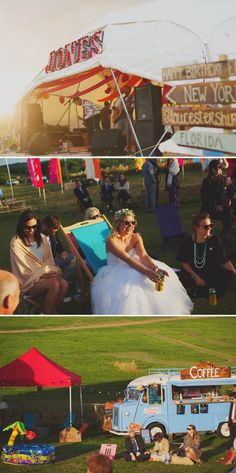 people sitting in the grass at an outdoor event with food trucks and tents behind them