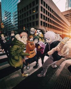 an anime scene with many people standing on the street in front of some tall buildings