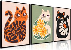 three framed art pieces with cats and flowers on the front, one in black, one in orange, one in green