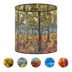 a lamp shade with four different colors of trees in the background and five circles around it