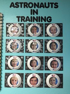 a bulletin board with pictures of astronauts in training on it and the words astronauts in training above them