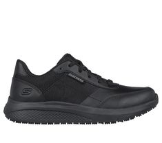 Enjoy supportive comfort and support during your shift wearing Skechers Work Relaxed Fit Elloree - Bluffton. This slip-resistant work design features a smooth leather, mesh and synthetic upper with a lace-up front and cushioned Memory Foam insole. | Skechers Women's Work Relaxed Fit: Elloree - Bluffton Sneaker | Medium Width | Slip-resistant traction outsole | Relaxed Fit design for a roomy comfortable fit | Skechers Air-Cooled Memory Foam cushioned comfort insole | Leather, synthetic and mesh u Ergonomic Non-slip Slip-on Walking Shoes, Black Slip-on Walking Shoes With Ortholite Insole, Black Slip-on Sneakers With Cushioned Footbed For Walking, Black Synthetic Slip-on Sneakers With Arch Support, Skechers Relaxed Fit, Work Shoe, Sporty Casual, Fuel Oil, Work Design