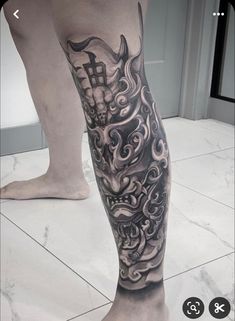 Samurai Tattoo On Leg, Asian Leg Tattoo, Leg Sleeve Tattoo Men Full Ideas, Ashura Tattoo Design, Japanese Leg Tattoo Men, Japanese Shin Tattoo, Asian Leg Sleeve Tattoo, Leg Tattoo Men Japanese Style, Japanese Dragon Leg Tattoo