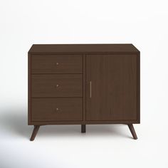 a brown cabinet with three drawers on one side and an open drawer on the other