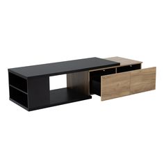 an entertainment center with two drawers and a shelf on one side, in black and oak