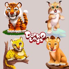 four different types of wild animals on a white background with the words panda toys above them