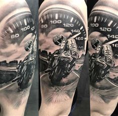 a man with a speedometer and motorcycle on his arm