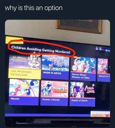 a television screen with the caption why is this an option? children avoiding getting murdered