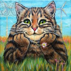 a painting of a cat with green eyes and whiskers in the grass next to wind mills