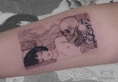 a tattoo on the arm of a woman with a skull in her head and a skeleton behind her