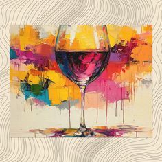 a painting of a glass of wine on top of a white tablecloth with yellow and pink colors