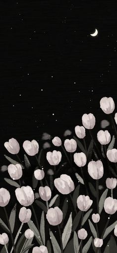 the night sky is full of stars and flowers, with one moon in the distance