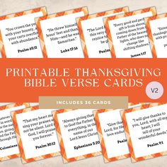 the printable thanksgiving bible verse cards with orange and white borders, are shown