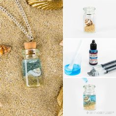 four different shots of sand and sea shells in jars with necklaces on them, one is filled with blue liquid and the other has a starfish charm