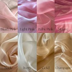 Sheer Crystal Organza Fabric by the yard, bulk or wholesale.  Delicately sheer, lightweight, and incredibly soft to the touch, it's the ideal choice for a wide range of projects. Our Crystal Organza fabric is perfect for creating exquisite garments and decorations.  Crafted from 100% polyester, this lightweight fabric offers a sheer and crisp drape, providing strength and elegance in every project. Whether you're designing ball gowns, wedding dresses, blouses, scarves, bridal apparel or fabric roses, organza is the ideal choice for achieving voluminous and structural effects. This sheer organza fabric is also perfect for event decorations. Whether it's baby shower decor or wedding decorations, the sheer beauty of this organza fabric adds a captivating touch to any setting.  Product Details Organza Colours, Colour Shade Card, Bridal Apparel, Silk Organza Fabric, Material Crafts, Organza Material, Cool Kids Rooms, Color Combos Outfit, Shade Card