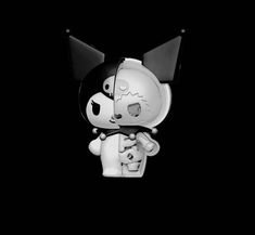 a black and white photo of a cartoon character holding a teddy bear in its arms