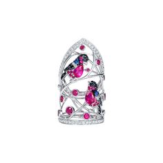 This exquisite Winter Birds ring is a masterful piece of artistry and craftsmanship, embodying elegance and nature's charm. The design features a delicate openwork cage of gleaming white gold, adorned with a graceful lattice of branches. Nestled within are two intricately crafted birds, their plumage brought to life with vibrant gemstones. Each bird is adorned with radiant pink sapphires, deep blue sapphires, and black diamonds, creating a stunning interplay of colors. The focal point of each bi Bird Rings, Winter Berries, Winter Birds, Bee Ring, Hermes Kelly Bag, Cartier Panthere, Winter Bird, Bracelet Love, Shopping Photography