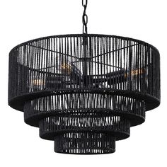 a black chandelier hanging from a chain with three lights inside the caged design