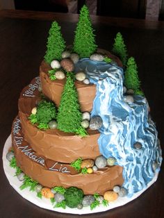 a cake decorated with trees, rocks and water