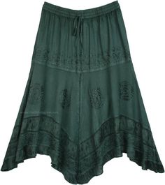 Texas Ranch Rodeo Chic Skirt - A very classy rodeo skirt in an all year around popular color.  This unique slightly stonewashed masterpiece skirt with a handkerchief bottom is made of 100% rayon. #tlb #Patchwork #Embroidered #Misses #Handkerchief #Solid #WesternSkirts Bohemian Asymmetrical Cotton Skirt, Flowy Cotton Skirt With Handkerchief Hem, Casual Cotton Skirt With Handkerchief Hem, Bohemian Cotton Skirt With Handkerchief Hem, Bohemian Lined Skirt With Handkerchief Hem, Casual Cotton Bottoms With Handkerchief Hem, Bohemian Handkerchief Hem Festival Bottoms, Boho Chic Skirts, Long Green Skirt