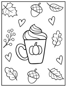 a coloring page with an image of a cup of coffee and autumn leaves on it