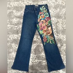 Flare Jeans With Hand Made Painted With High Quality Of Fabric Paints Painted Jeans, How To Make Paint, Madewell Jeans, Fabric Paint, Flea Market, Flare Jeans, Blue Jeans, New Color, Madewell