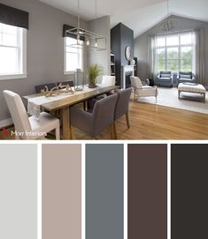 a dining room with gray walls and wood flooring is shown in this color scheme