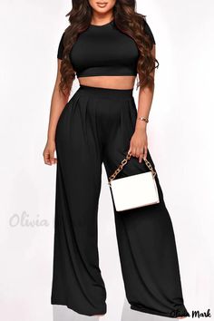 Olivia Mark - Womens Rose Red Two-Piece Set: Casual Solid Patchwork O-Neck Short Sleeve Ensemble Black Two Piece Set, Grey Two Piece, Red Two Piece, Wide Leg Pant Suit, Blue Two Piece, Black Two Piece, Two Piece Pants Set, Rose Rouge, Pants Suit