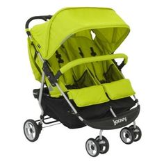 the baby stroller has two seats and is yellow