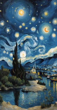 a painting of the night sky with stars and clouds over water, boats in the foreground