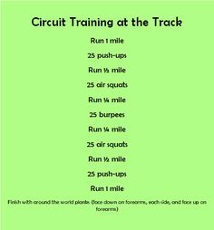 a green poster with the words circuit training at the track written in black on it