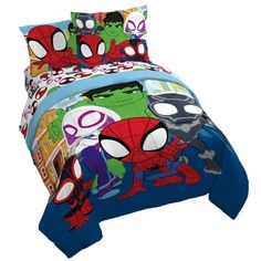 a bed with spiderman and other cartoon characters on the sheets, in front of a white background