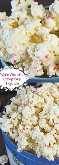 white chocolate candy cane popcorn in blue buckets