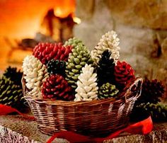 a basket filled with lots of pine cones