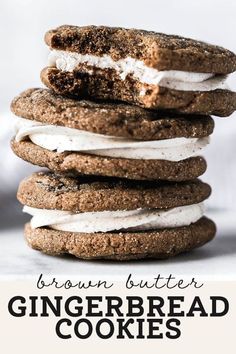 a stack of brown butter gingerbread cookies on top of each other with the title above it