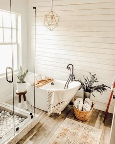 a bathroom with a tub, rug and plants on the floor in front of it