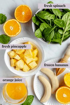 oranges, spinach, bananas and fresh spinach are shown in this image