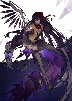 an anime character with wings flying in the air and holding her arm out to one side