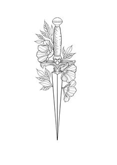 a black and white drawing of a dagger with flowers on it's head, surrounded by leaves