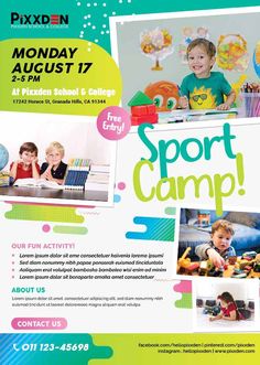 a flyer for a sports camp with photos of children in the background and text that reads,