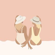 two women in bathing suits sitting on the beach, one wearing a hat and the other holding her hands behind her back