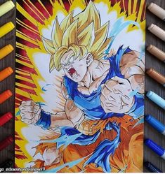 a drawing of gohan from dragon ball is shown next to colored crayons