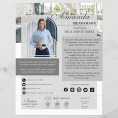 the real estate agent flyer is displayed on a white marble background with black and gray accents