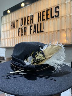 Custom Hat Bar Ideas, Mobile Hat Bar, Artisan Hats For Western-themed Fall Events, Fall Fedora Felt Hat For Western-themed Events, Handmade Fall Hat For Western-themed Events, Hat Bar Display Ideas, Custom Brimmed Fedora For Western-themed Events, Sadie Hawkins