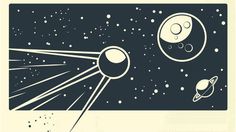 an old space scene with planets and stars in the sky, black and white drawing