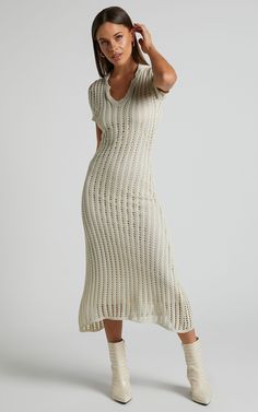 Jolie Midi Dress - Crochet Collared Short Sleeve Dress in Cream | Showpo USA Cream Dress Outfit Casual, Cream Fitted Boho Dress, Bump Outfits, Navy Blue Velvet Dress, India Trip, Color Pairs, Crochet Midi Dress, Spring Outfits Dresses, Short Sleeve Maxi Dress