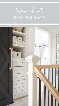 an open closet with white drawers and black doors in the corner, next to a stair case