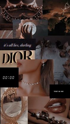 a collage of photos with the words dior written in gold and silver on it